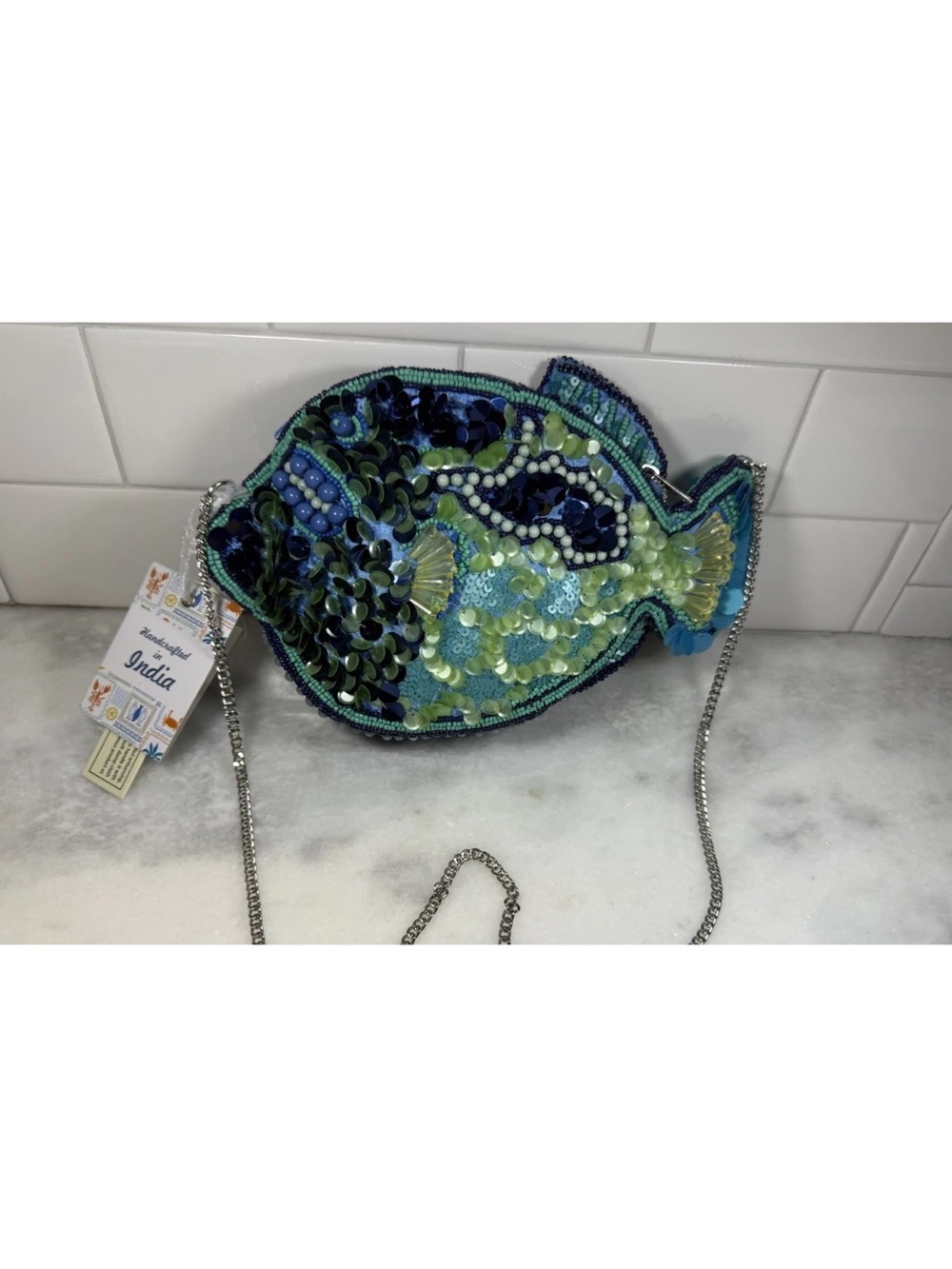 NEW RELEASE made In India Beaded Sequin Blue Green Fish Crossbody Bag Clutch NWT
